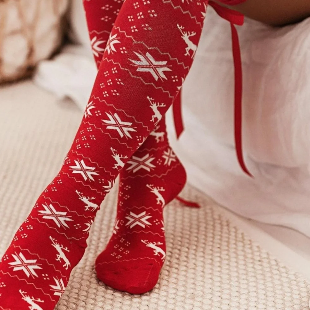 Tall Reindeer Fair Isle Over-the-knee Socks Long Ribbon Bow Stocking Holiday